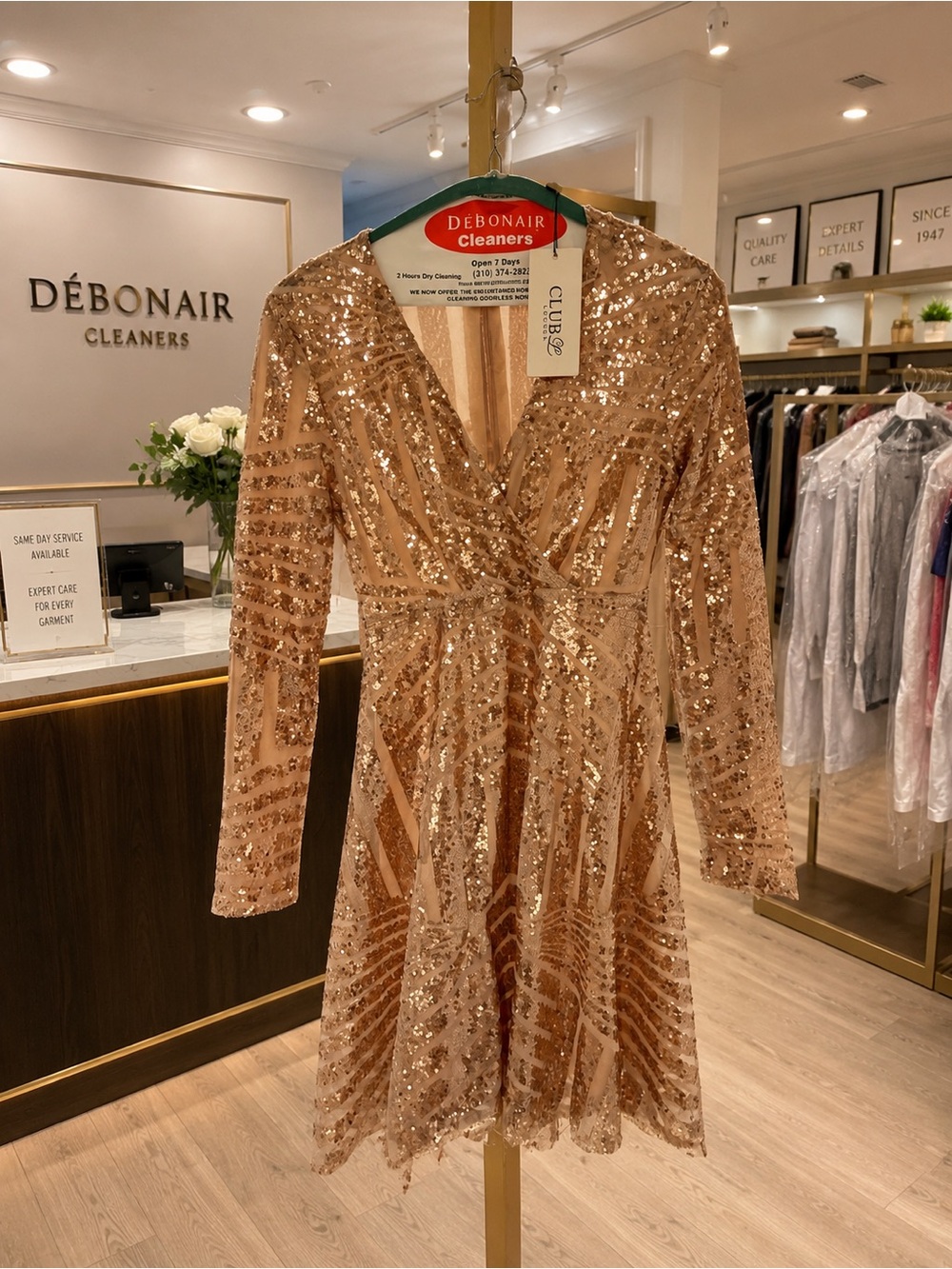 Gold Sequin V-Neck Long Sleeve Dress by Club London - NWT